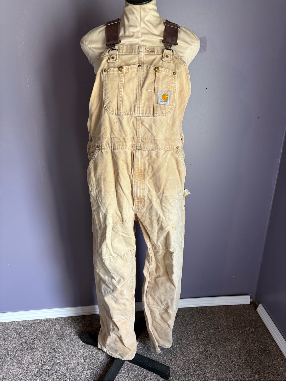Carhartt mens Cream/Tan Canvas Overalls with Brown Straps